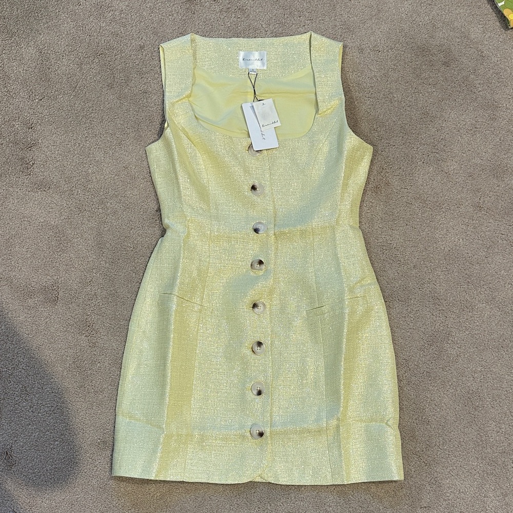 Line & Dot Shimmery Pale Yellow Button-Front Mini Dress